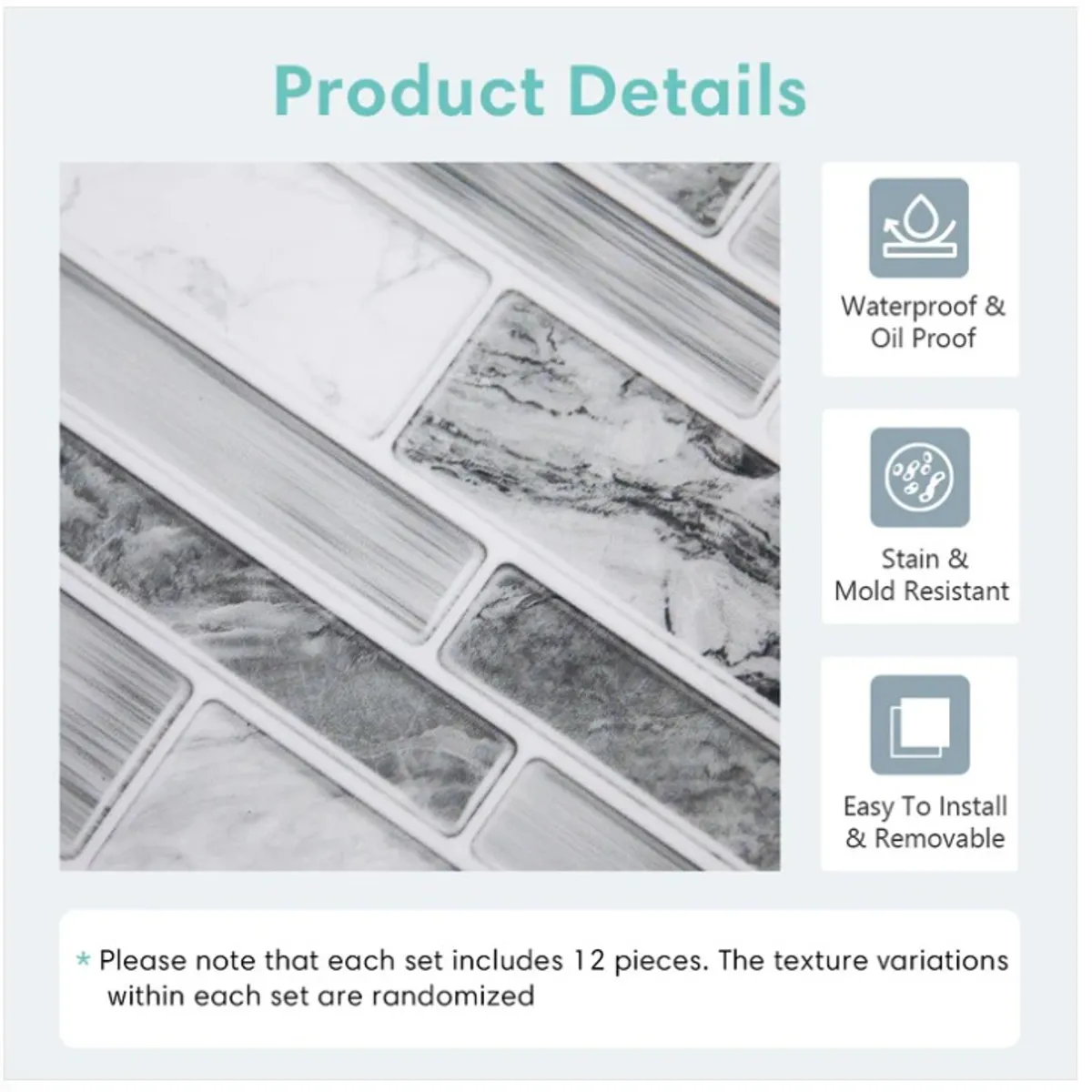 40pcs White Grey Marble Peel and Stick Tile Stickers -4.79*9.84inch