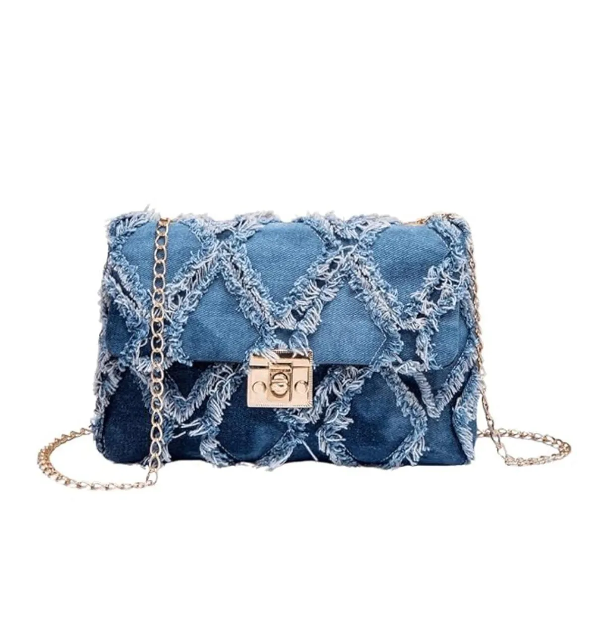 Women's Distressed Denim Crossbody Bag Twist Lock Quilted Handbag Mini Jean Purse with Chain Strap
