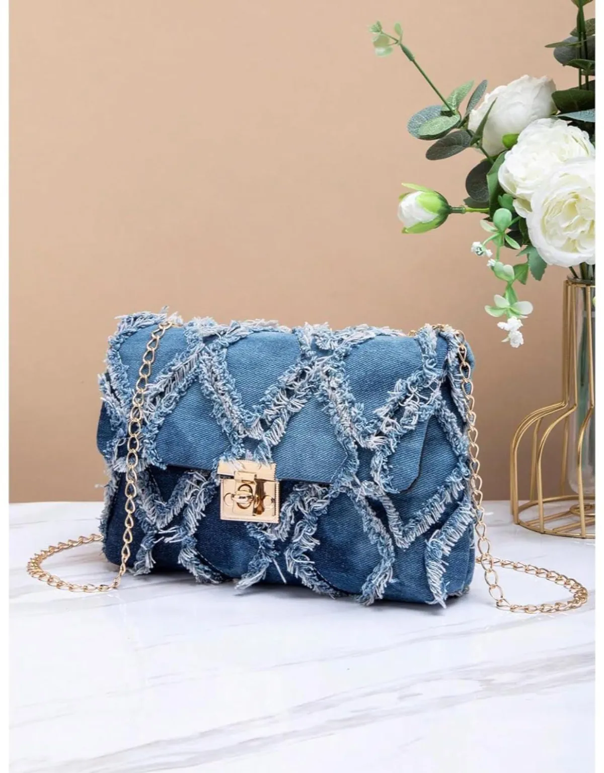 Women's Distressed Denim Crossbody Bag Twist Lock Quilted Handbag Mini Jean Purse with Chain Strap