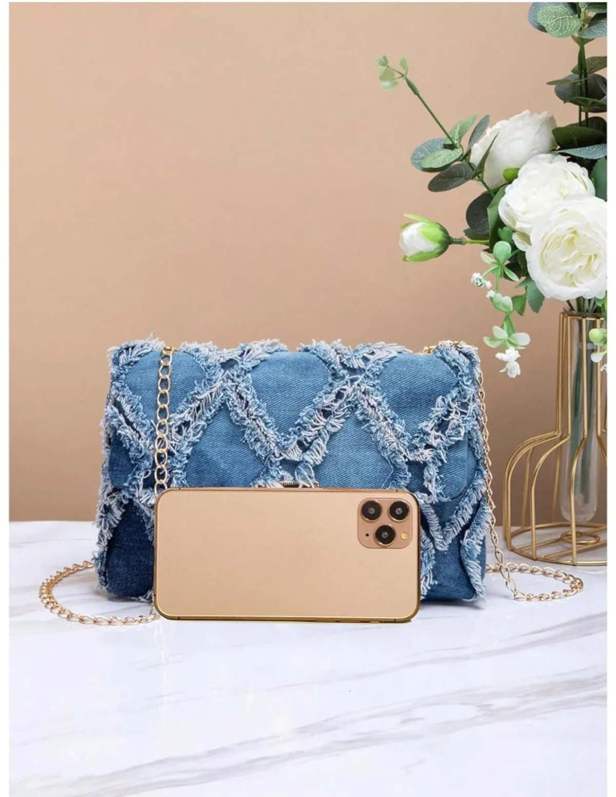 Women's Distressed Denim Crossbody Bag Twist Lock Quilted Handbag Mini Jean Purse with Chain Strap