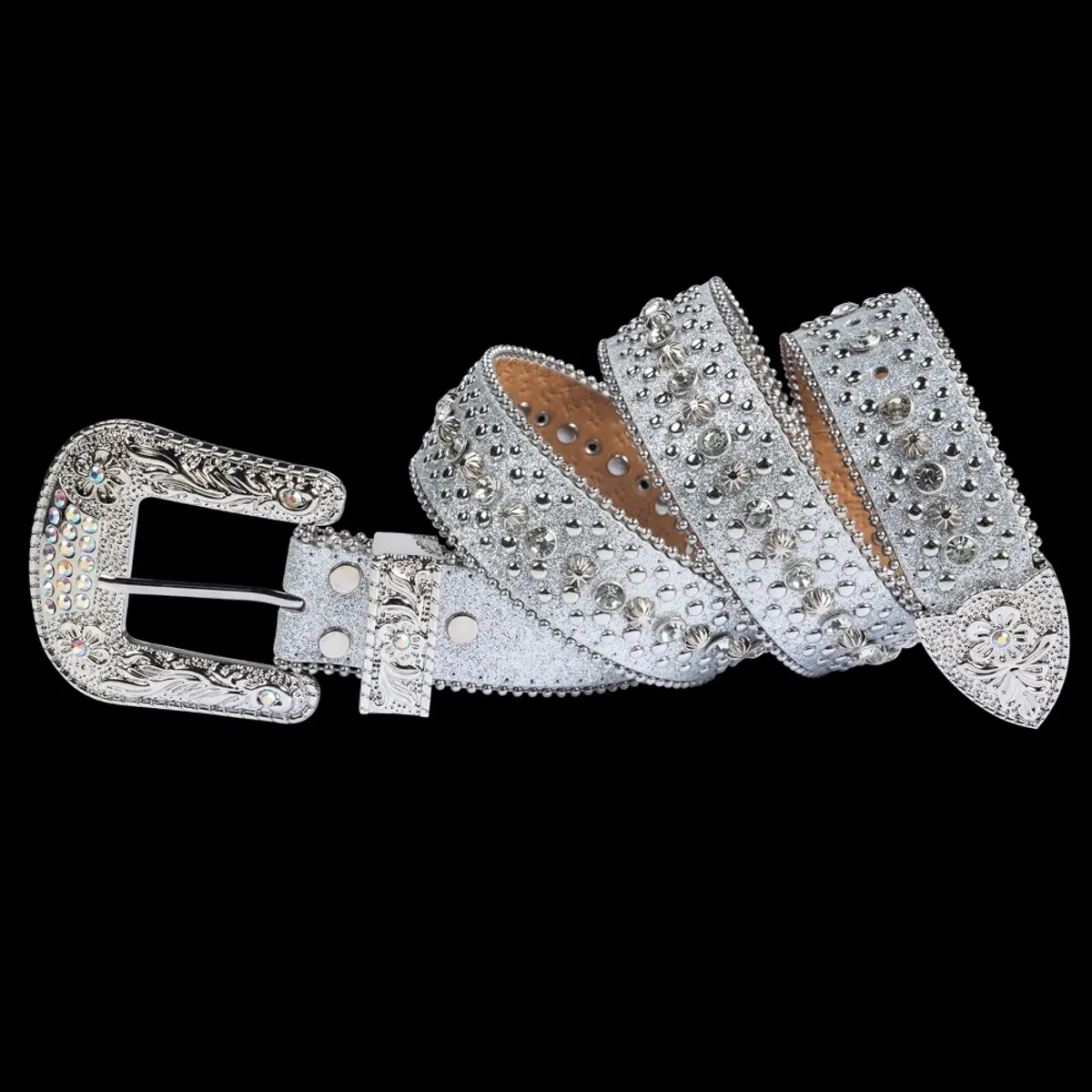 Silver Leather Women Western Fashion Belt W/ Silver Bling Rhinestones Crystal