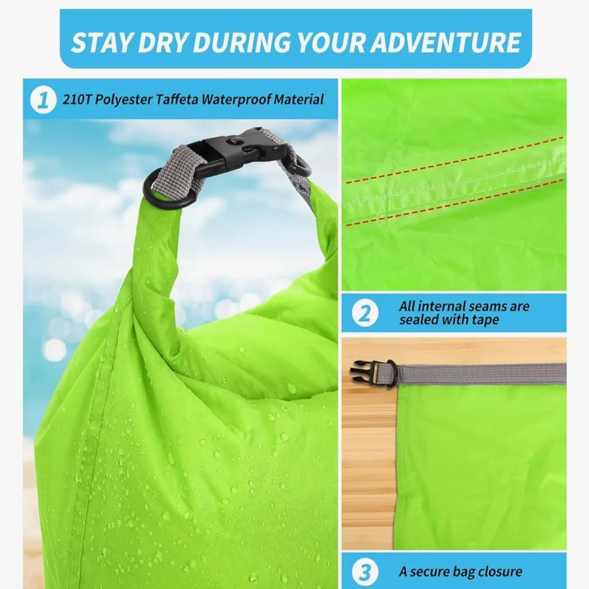 Dry Bag Set, Waterproof Small Lightweight Dry Bags for Paddle Board Kayaking, Fishing, Camping (Green)