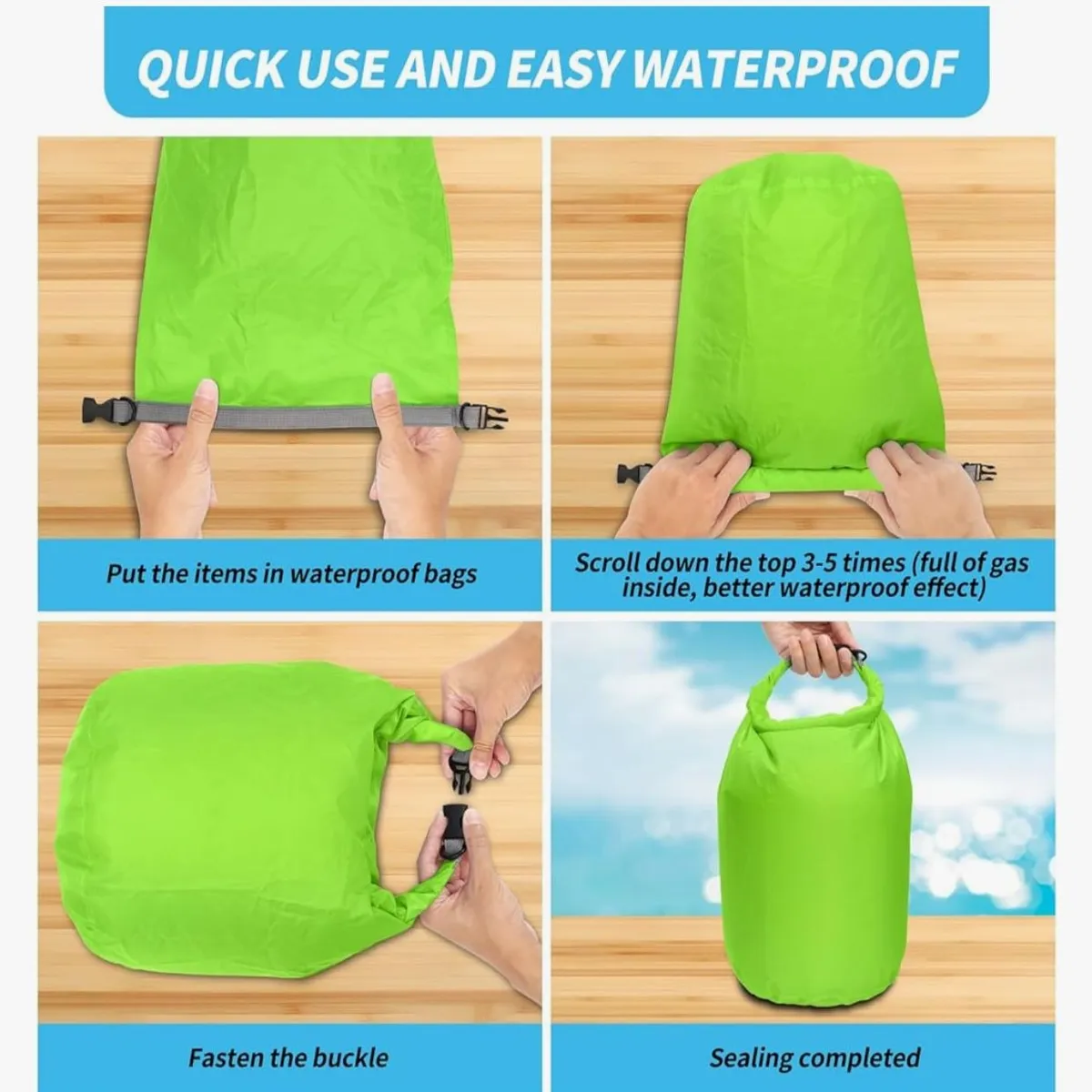 Dry Bag Set, Waterproof Small Lightweight Dry Bags for Paddle Board Kayaking, Fishing, Camping (Green)