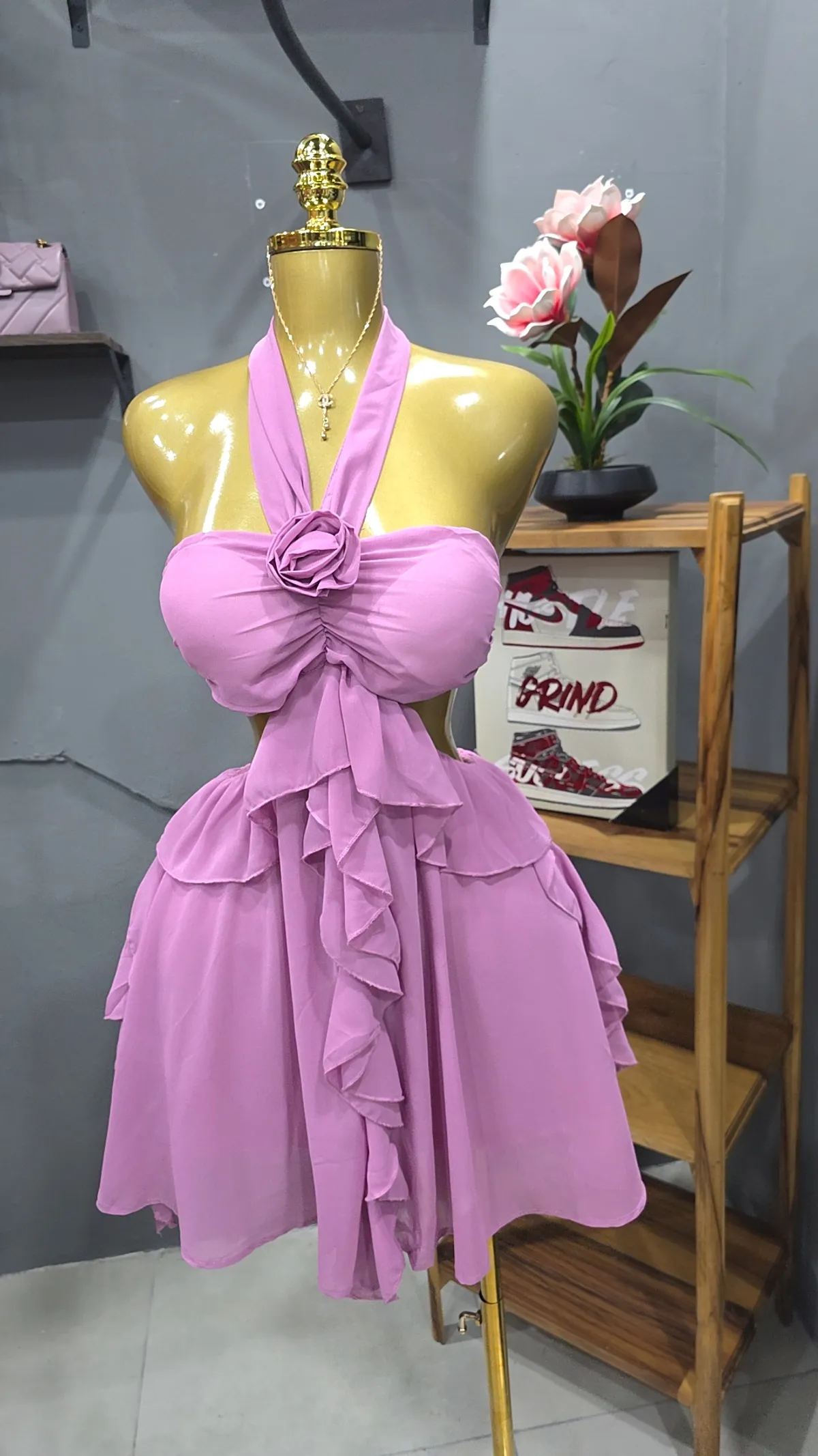Pink Ruffle Rose Halter Mini Dress, Large