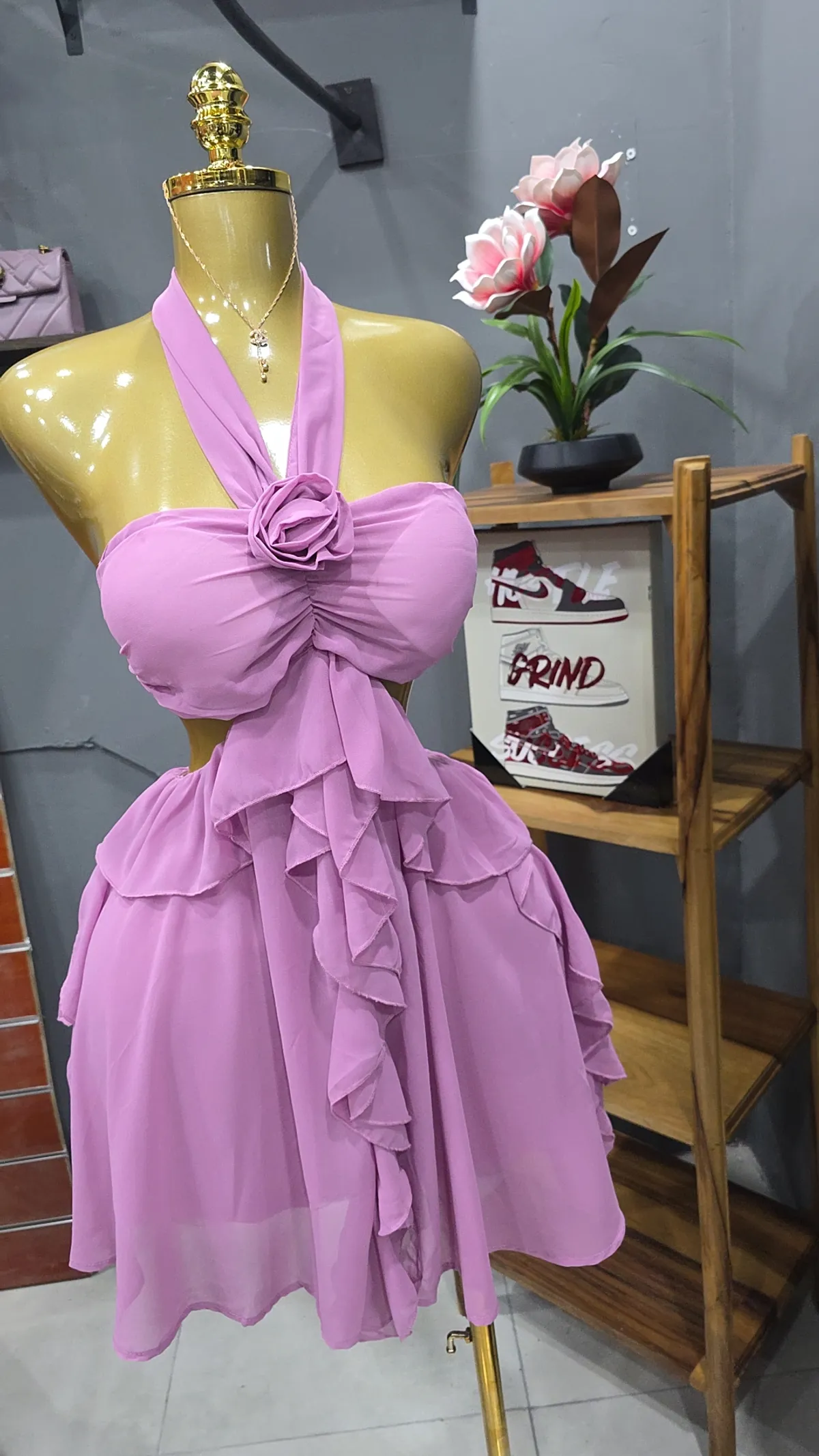 Pink Ruffle Rose Halter Mini Dress, Large