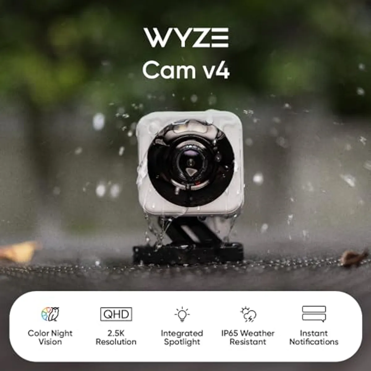 WYZE Cam V4 Wi-Fi 2.5K QHD Indoor/Outdoor Plug-in Smart Home Security Camera, Color Night Vision, 2-Way Audio (White)