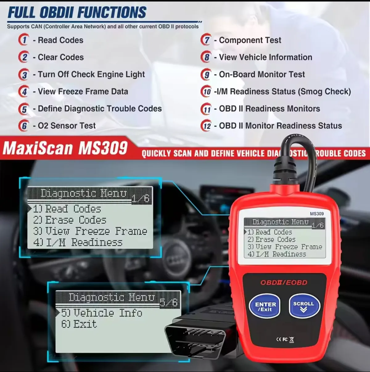 Advanced Car Diagnostic Tool Plus - Upgraded MS309 OBD2 OBDII EOBD Fault Code Reader Scanner with Enhanced Error Detection