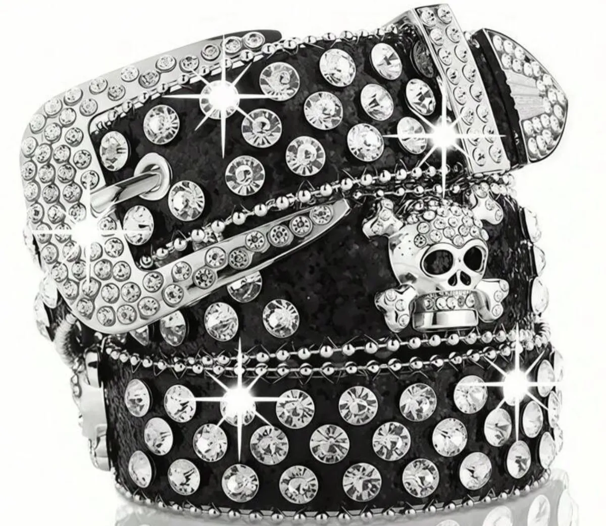 1pc Punk Hip Hop Skull Glitter Studded Rhinestone Embellished Belt - 80