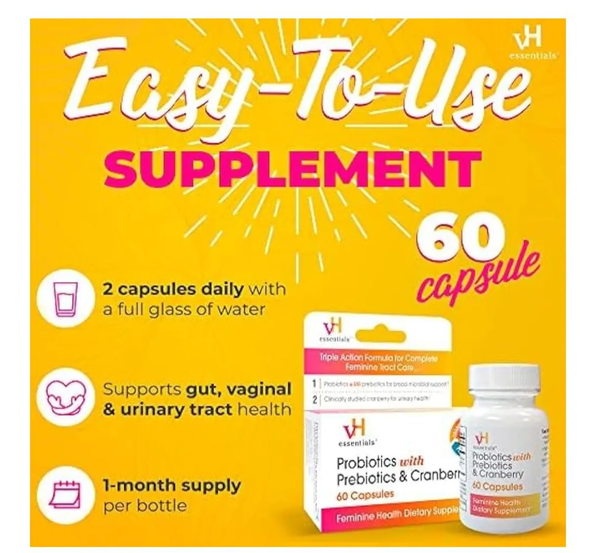 vH Essentials Probiotics for Women with Prebiotics, Cranberry & Vitamin C - 60 Capsules (30 Day Supply) - Women's Probiotics Support Gut Balance, Feminine Health & Urinary Tract Health for Women