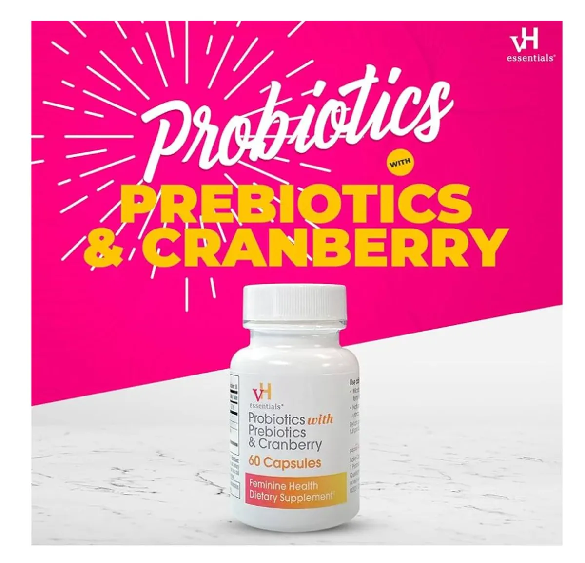 vH Essentials Probiotics for Women with Prebiotics, Cranberry & Vitamin C - 60 Capsules (30 Day Supply) - Women's Probiotics Support Gut Balance, Feminine Health & Urinary Tract Health for Women
