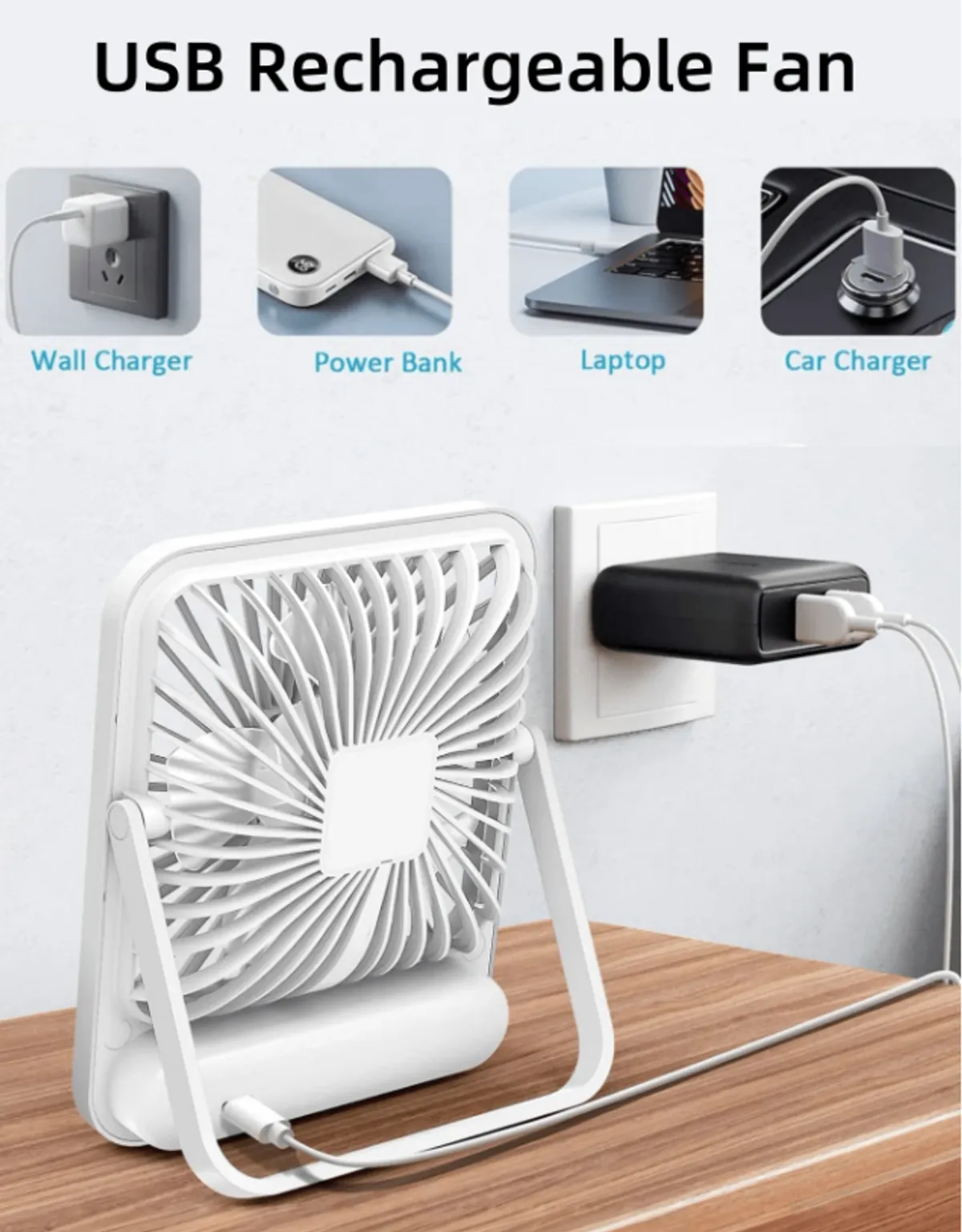 Portable Light weight Rechargeable desk Fan, White