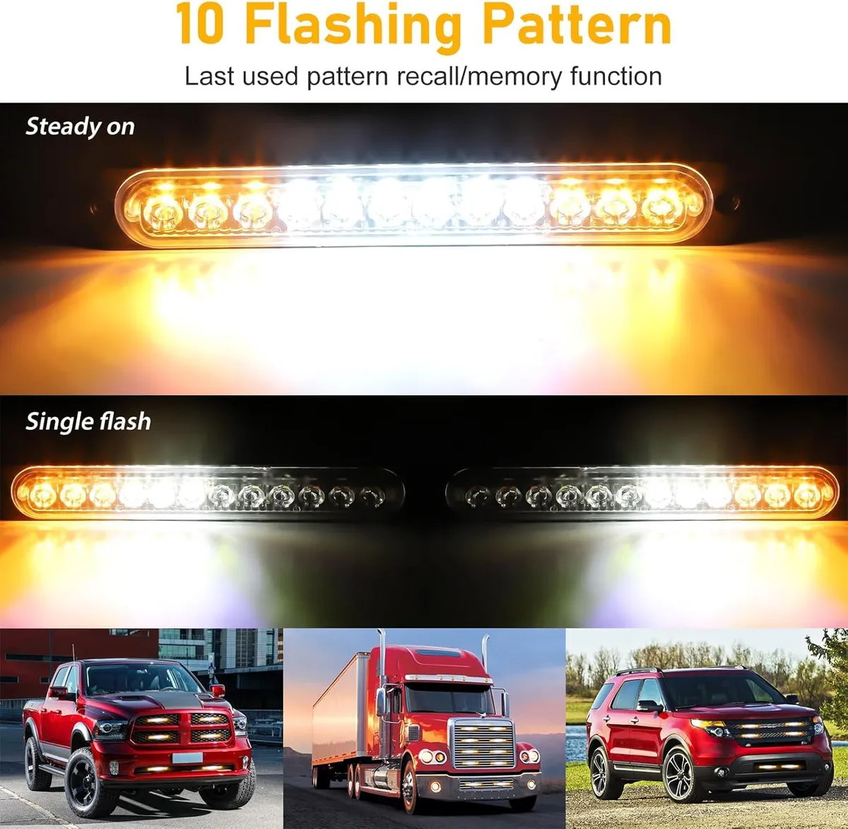 7.5"    12 LED Emergency Strobe Lights, Warning Flashing Light Bar, for Trucks Car Vehicle Off Road, Amber/White 12-24v  (1PC/PACK)