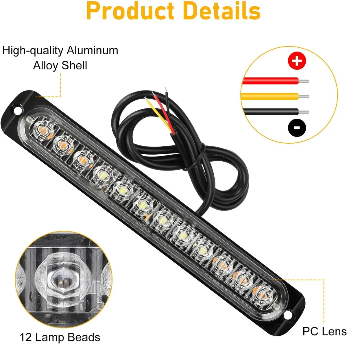 7.5"    12 LED Emergency Strobe Lights, Warning Flashing Light Bar, for Trucks Car Vehicle Off Road, Amber/White 12-24v  (1PC/PACK)
