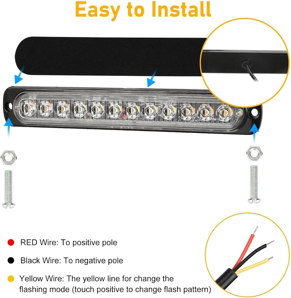 7.5"    12 LED Emergency Strobe Lights, Warning Flashing Light Bar, for Trucks Car Vehicle Off Road, Amber/White 12-24v  (1PC/PACK)