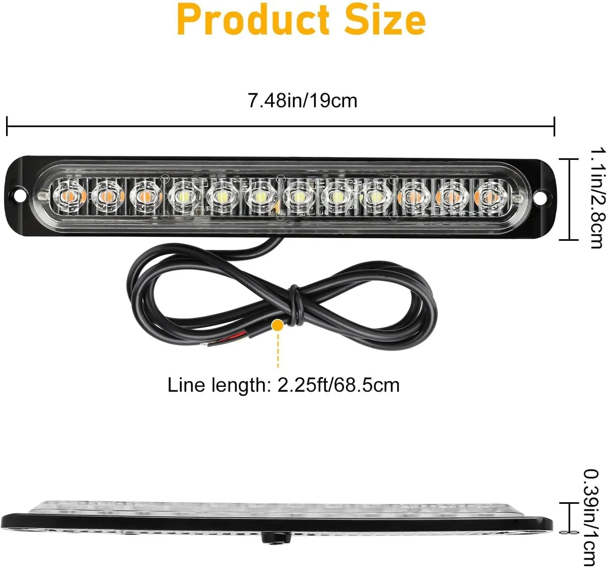 7.5"    12 LED Emergency Strobe Lights, Warning Flashing Light Bar, for Trucks Car Vehicle Off Road, Amber/White 12-24v  (1PC/PACK)
