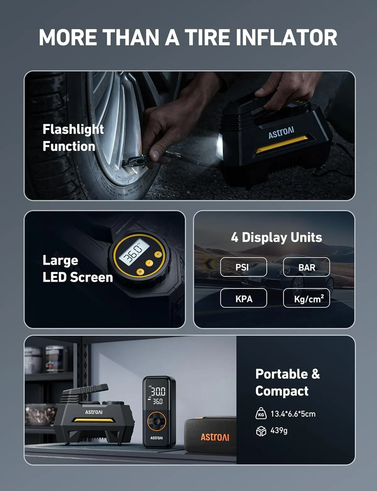 Tire Inflator Portable Air Compressor Air Pump for Car Tires-Car Accessories, 9.8Ft Cord-12V DC-Powered Auto Pump with Digital Pressure Gauge, Emergency LED Light