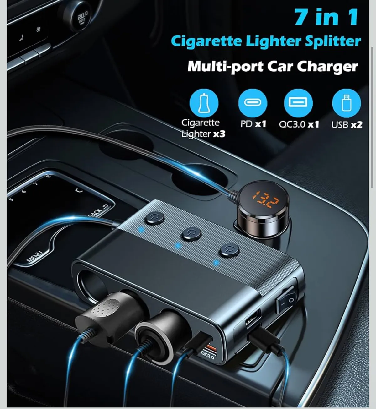 7 in 1 Cigarette Lighter Splitter, 3 Socket Car Charger Adapter, Type-C QC3.0 PD 30W Charging, Dual USB Charging Ports, Independent Switches, LED Voltmeter, Plug Outlet 12V/24V(3.3ft Cable)