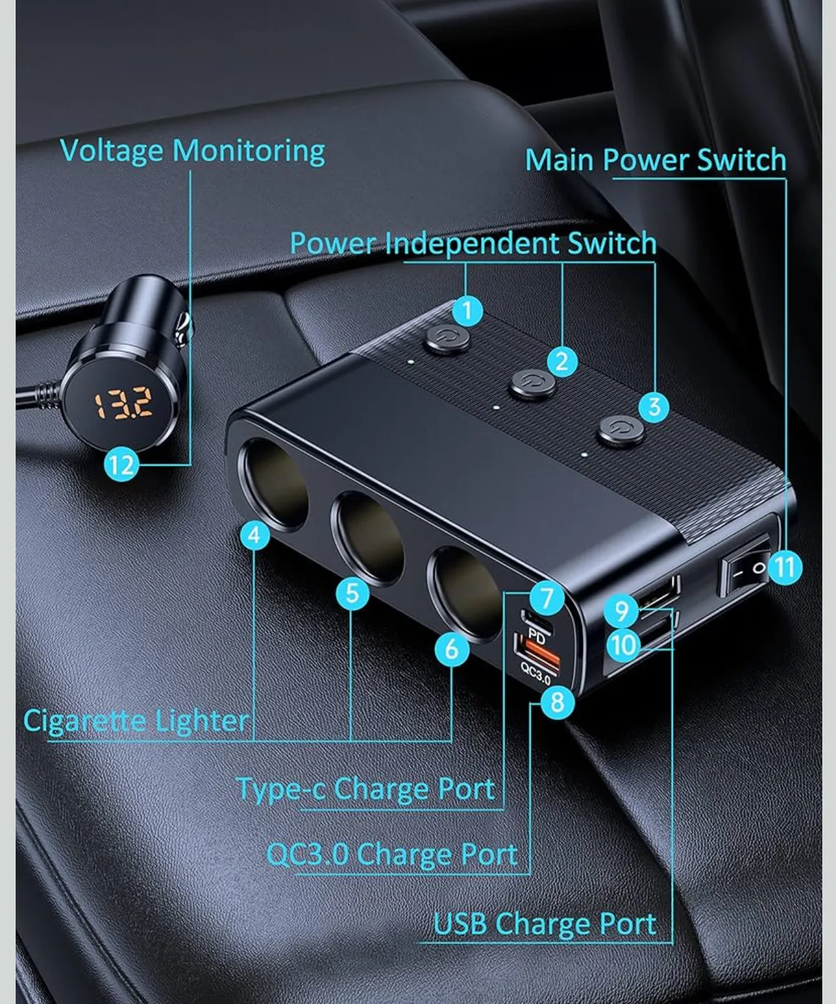 7 in 1 Cigarette Lighter Splitter, 3 Socket Car Charger Adapter, Type-C QC3.0 PD 30W Charging, Dual USB Charging Ports, Independent Switches, LED Voltmeter, Plug Outlet 12V/24V(3.3ft Cable)