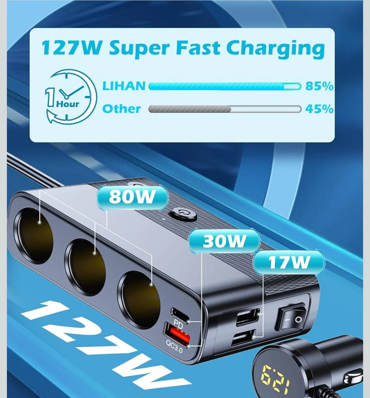 7 in 1 Cigarette Lighter Splitter, 3 Socket Car Charger Adapter, Type-C QC3.0 PD 30W Charging, Dual USB Charging Ports, Independent Switches, LED Voltmeter, Plug Outlet 12V/24V(3.3ft Cable)