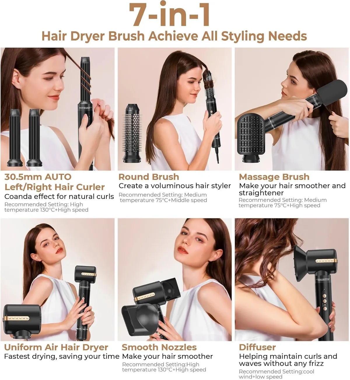 7-In-1 Hair Styler Hot Air Brush Set, Black