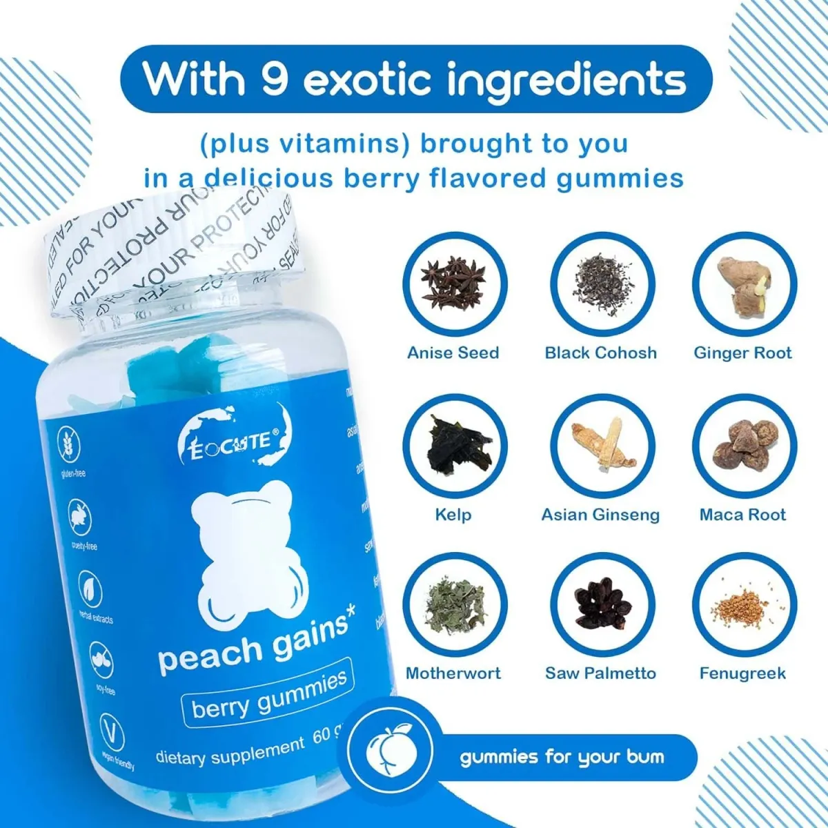 Peach Gains 60 Gummies-Workout Aid -Women’s Support Supplement Multivitamins US