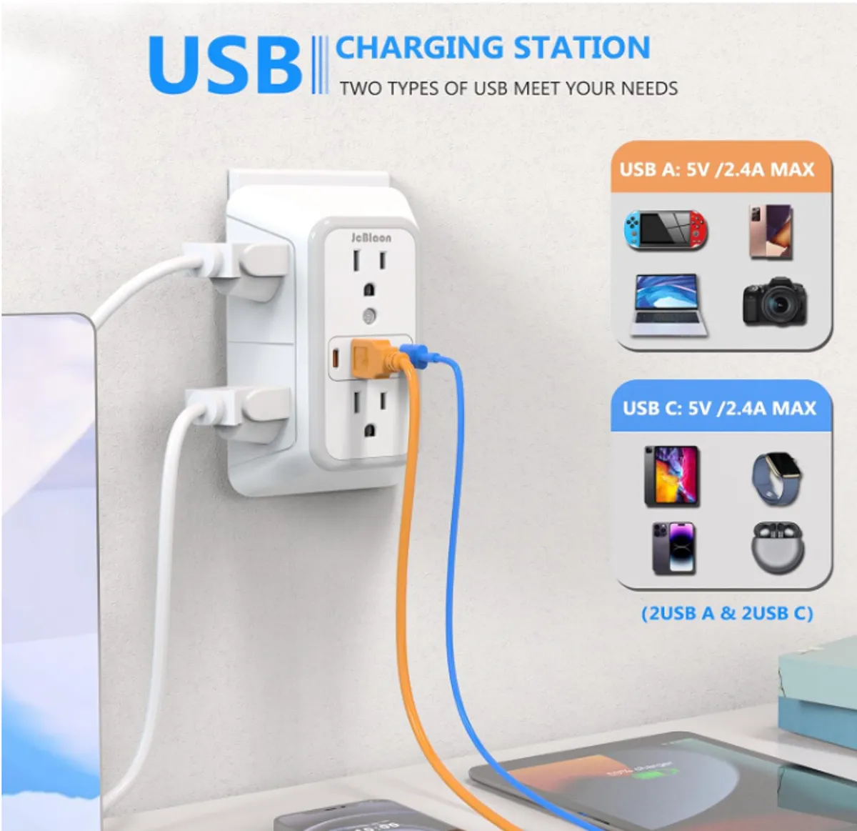 Outlet Extender Surge Protector – 6 Outlets + 4 USB Ports