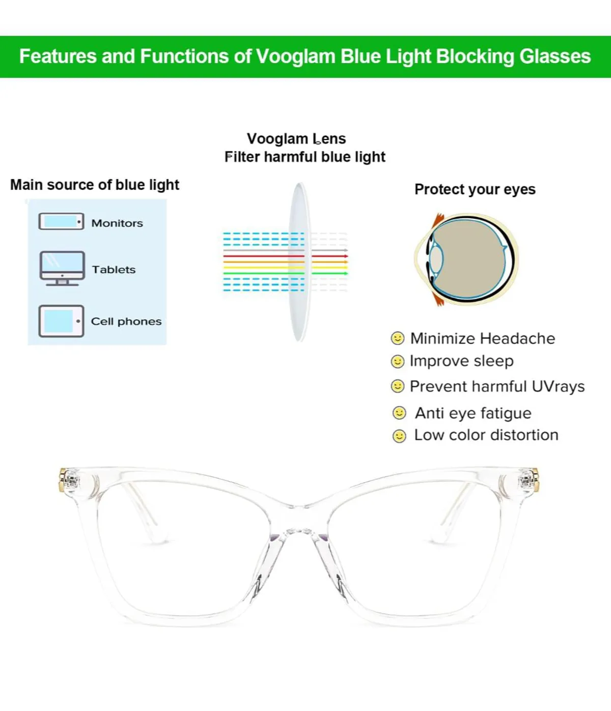VOOGLAM Oversized Square Frame Fashion Glasses Anti-blue Light Women Wheat Head Rhinestones-7264