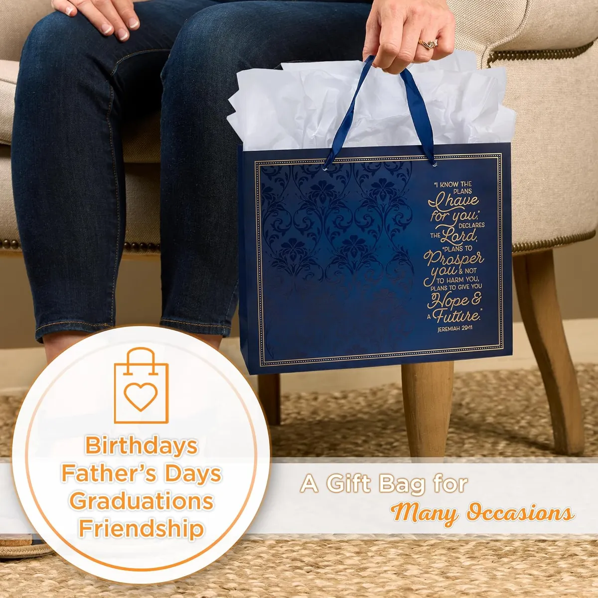 I Know The Plans Blue Floral Trellis Large Landscape Gift Bag with Card - Jeremiah 29:11
