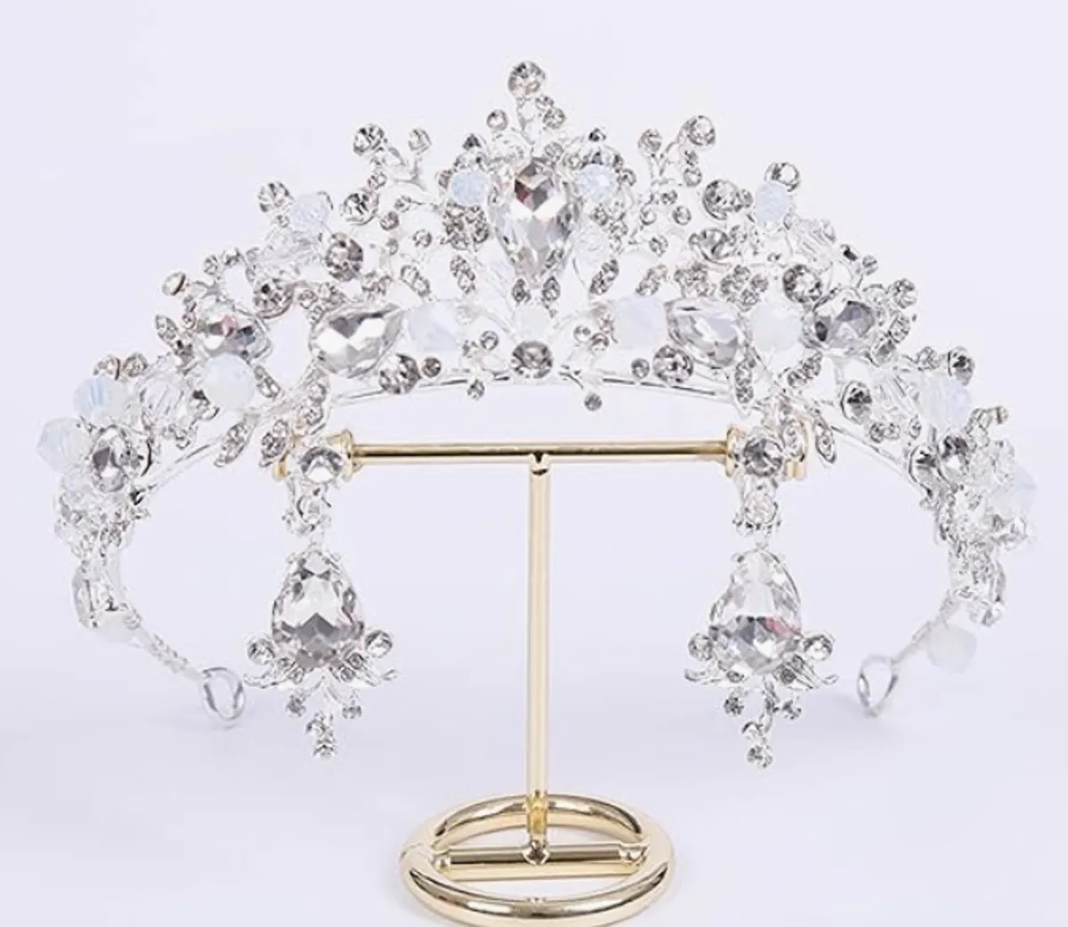 Silver Rhinestones Crown Tiara and Clip on Earring 2 Piece Set for Women