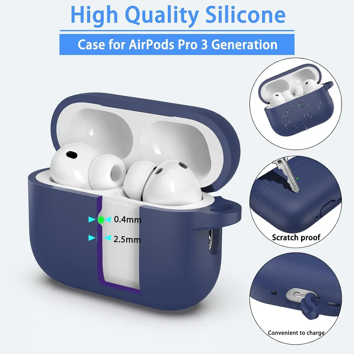 for AirPods Pro 3 Case 2025, Military Grade Soft Silicone Shock-Absorbing for AirPods Pro 3rd Generation (USB-C Cable) with Lanyard and Cleaning Kit,Front LED Visible,Dark Blue