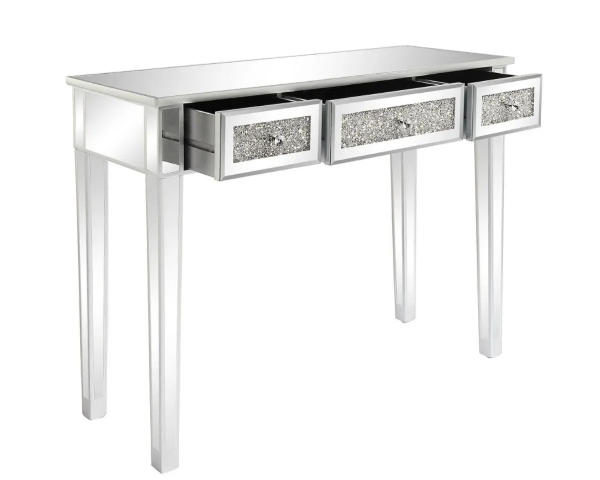 3-Drawer Mirrored Vanity Makeup Table - Mirrored Console Desk Vanity Furniture Nightstand Glass Bedside Table, Silver