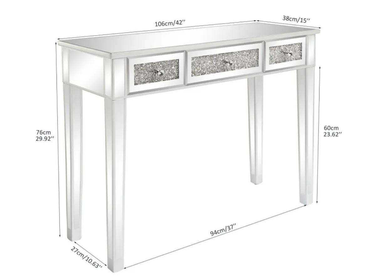 3-Drawer Mirrored Vanity Makeup Table - Mirrored Console Desk Vanity Furniture Nightstand Glass Bedside Table, Silver