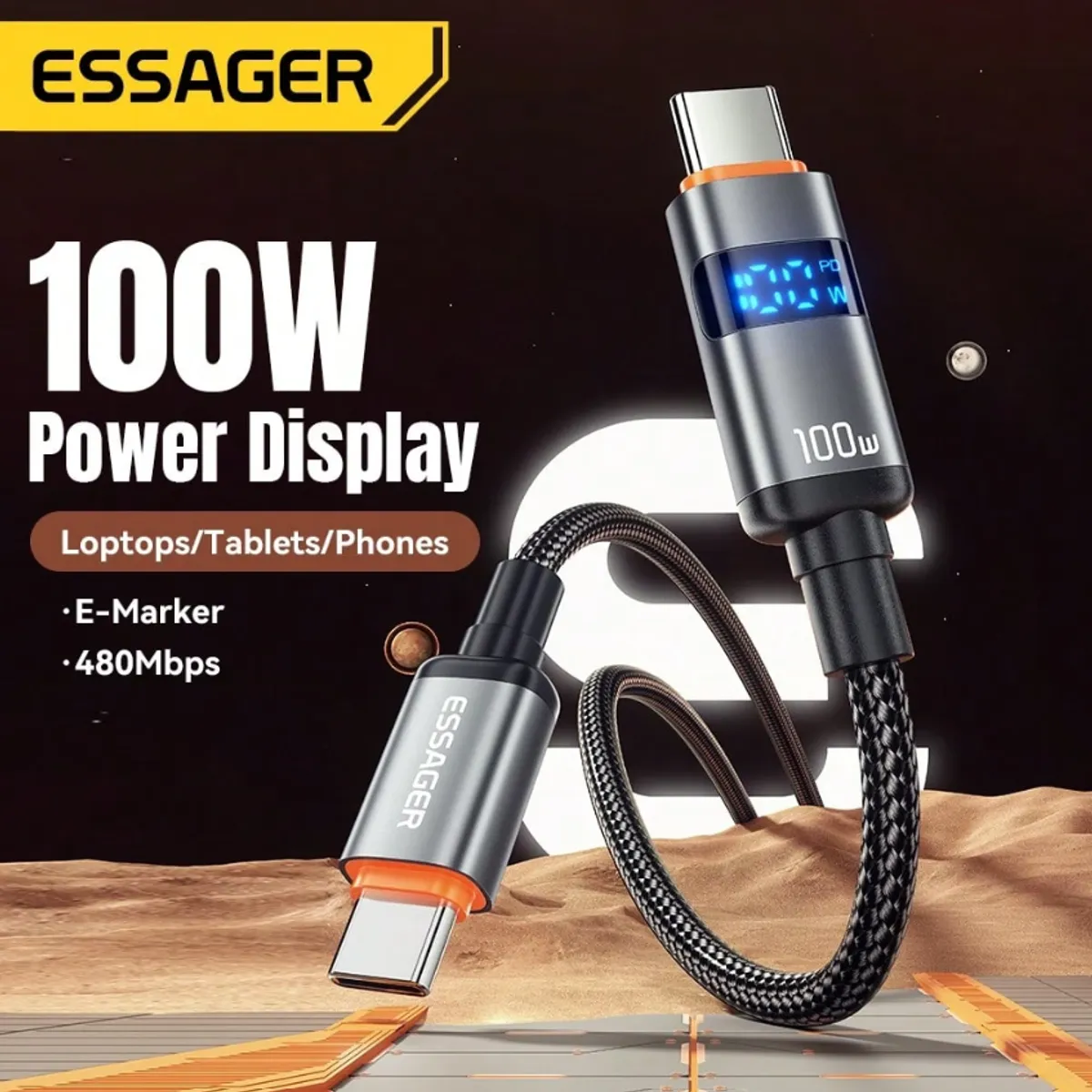 ESSAGER 6.5FT 100W USB C TO USB C Cable w/Digital Display. Compatible With MacBook Fast Charging 480Mbps 5A Type C