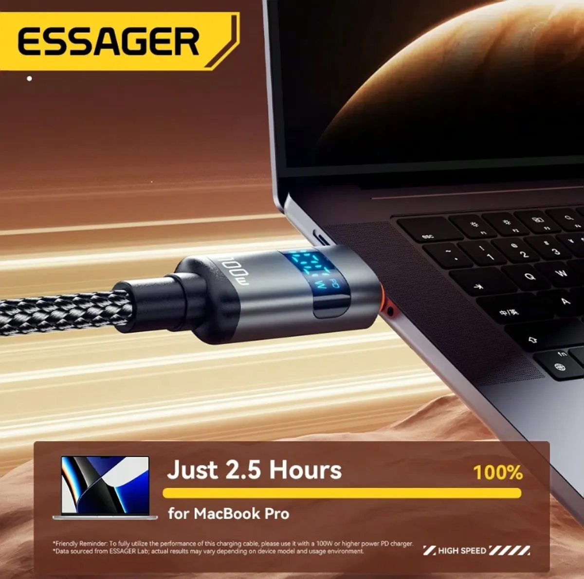 ESSAGER 6.5FT 100W USB C TO USB C Cable w/Digital Display. Compatible With MacBook Fast Charging 480Mbps 5A Type C