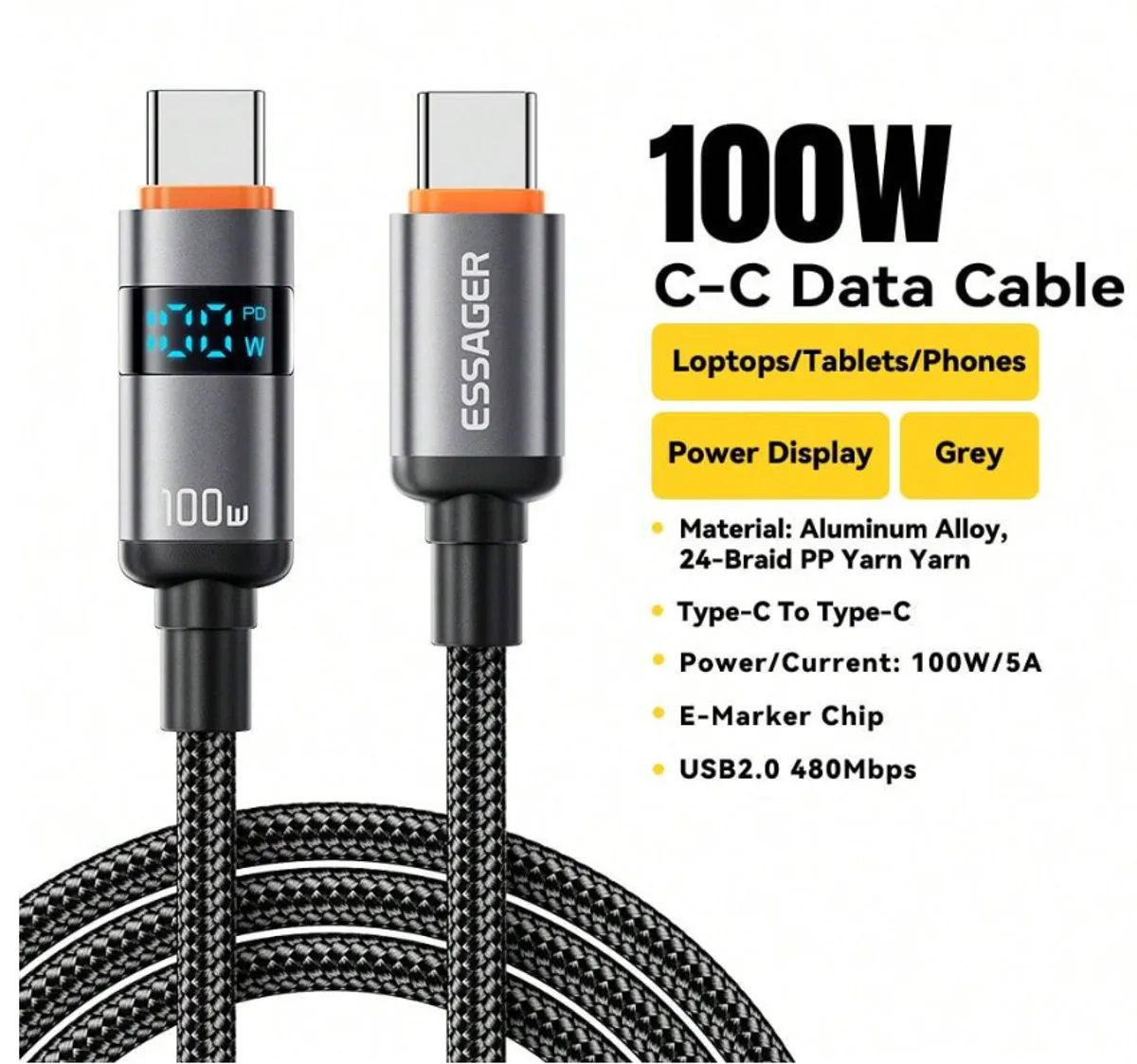 ESSAGER 6.5FT 100W USB C TO USB C Cable w/Digital Display. Compatible With MacBook Fast Charging 480Mbps 5A Type C