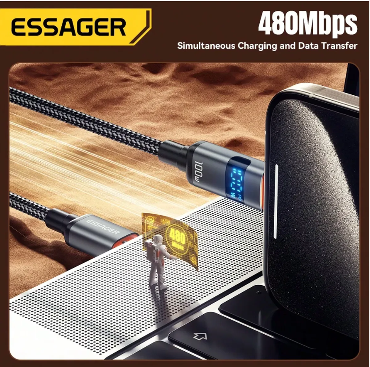 ESSAGER 6.5FT 100W USB C TO USB C Cable w/Digital Display. Compatible With MacBook Fast Charging 480Mbps 5A Type C
