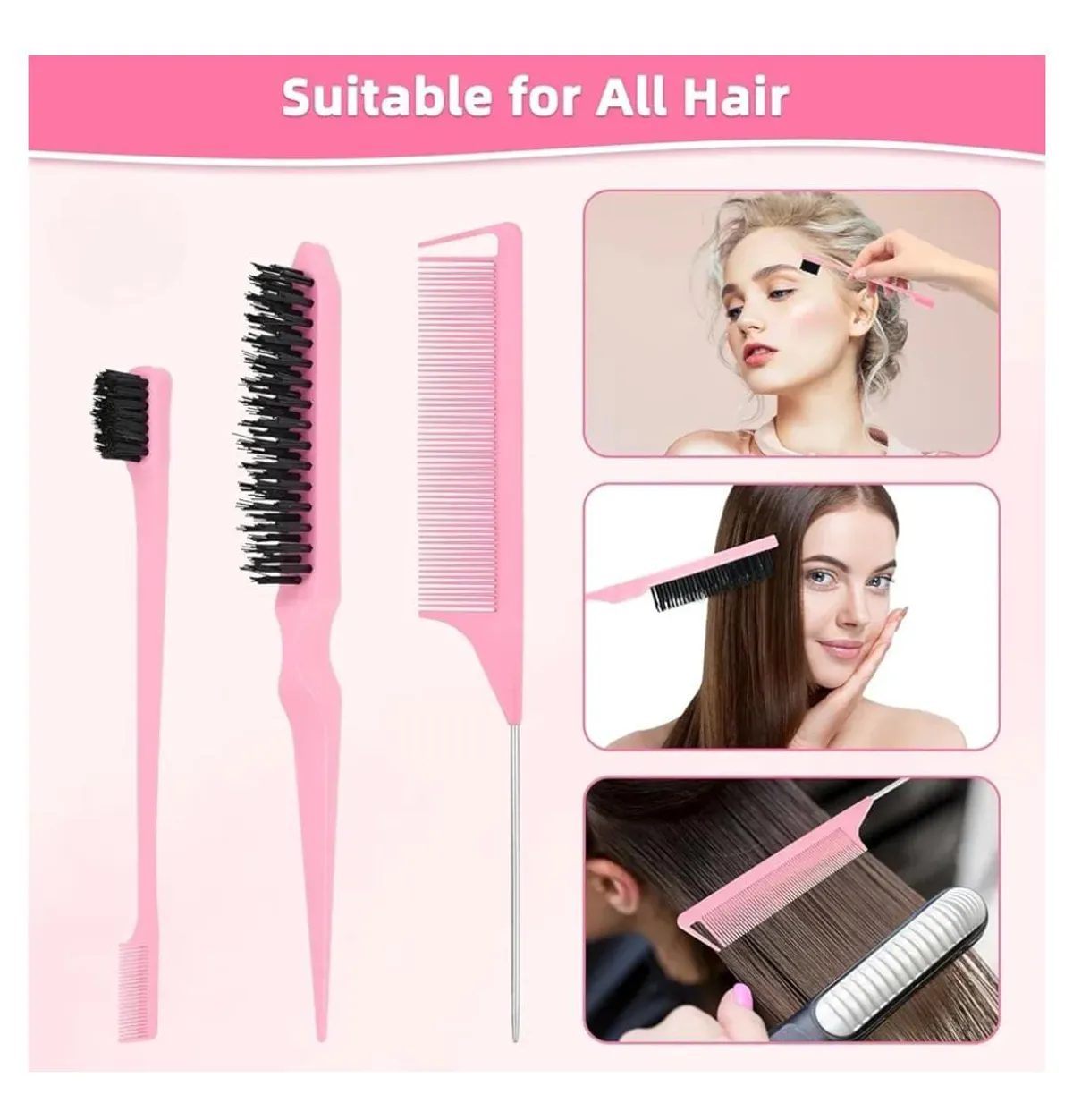 Hair Brush Set with Continuous Spray Bottle Slick Back Hair Brush Back Brushing, Combing, Slicking Hair (PINK)