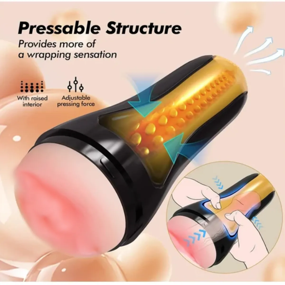 Realistic Textured Cup for Men with 7.5in Depth – Black/Gold – Flesh