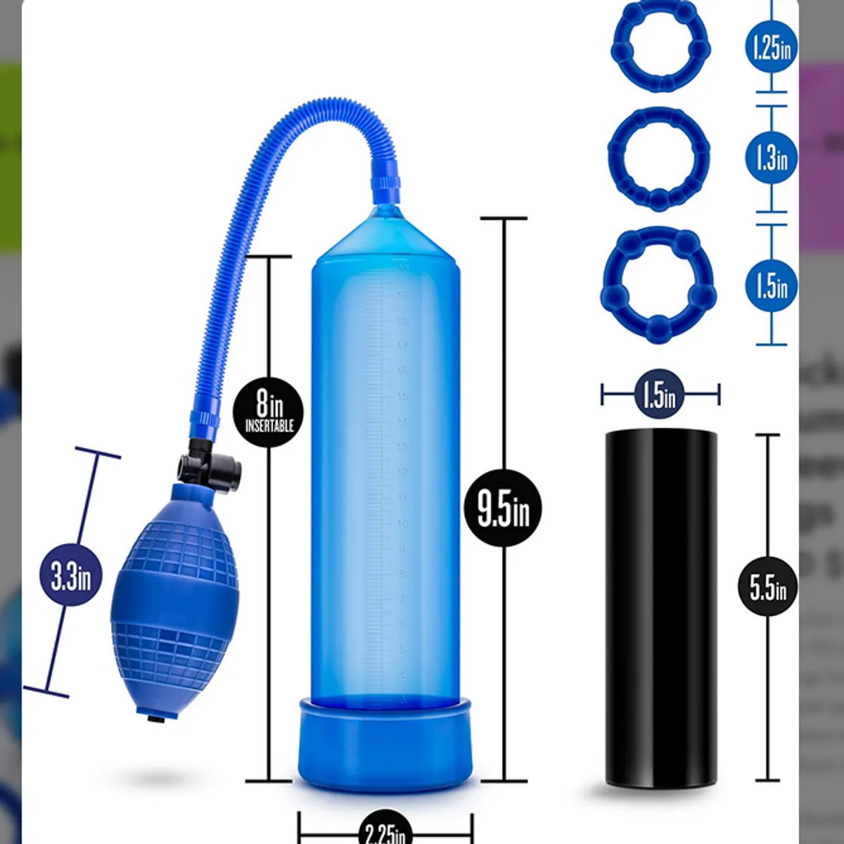 Blush Quickie Kit Go Big Pump – Bonus Stroke Sleeve with 3 Rings – Blue