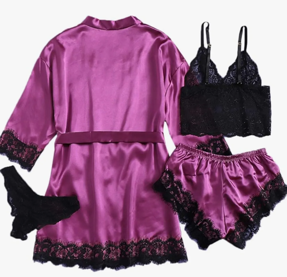 Women's Purple Satin Silk Pajamas, Lace Sleepwear with Robe, 4 Piece Set (Size S)