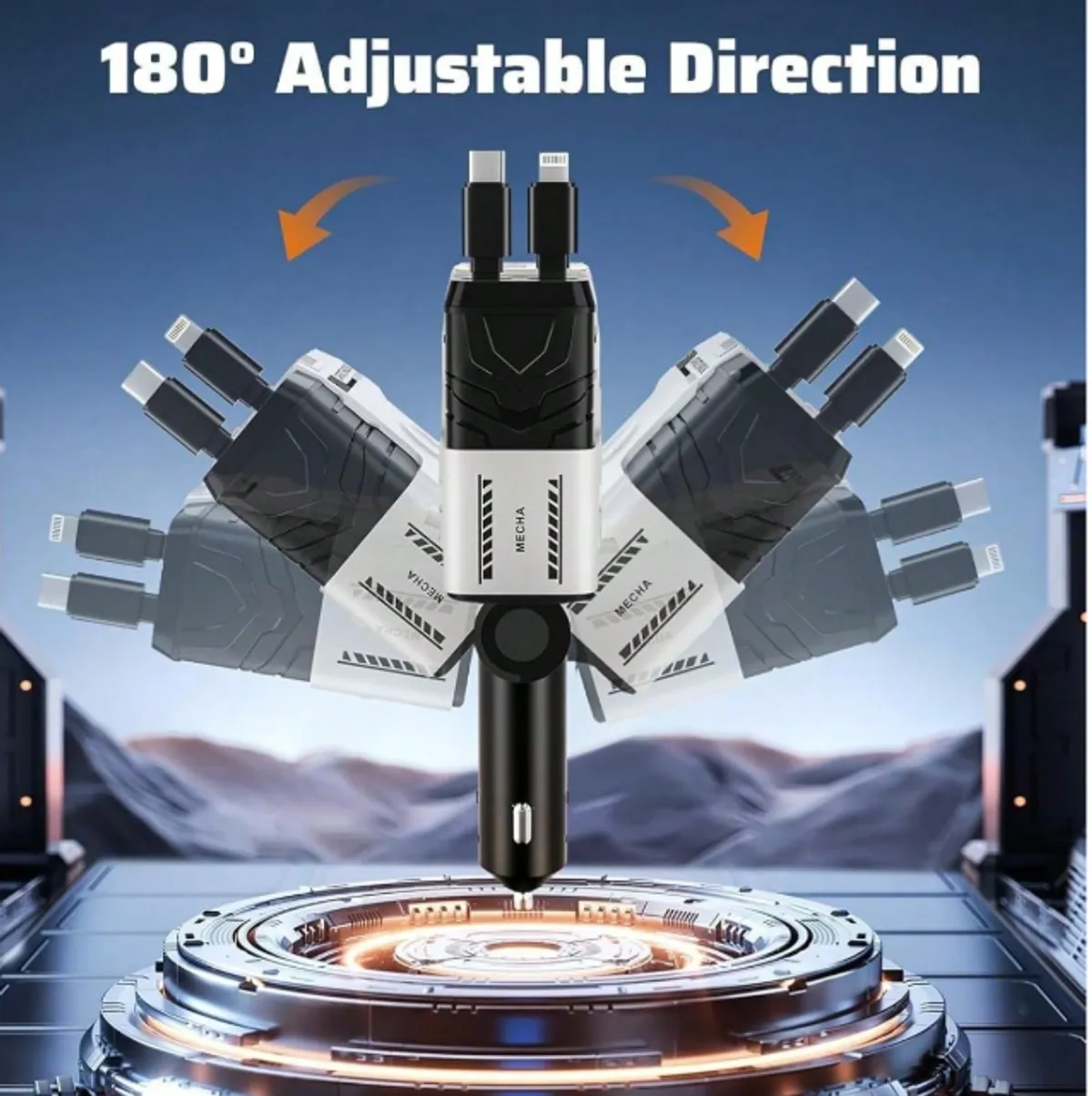 4 In 1 Retractable Car Fast Charger In Mech-Style 66W Charger Car Charger With Retractable Cable And Multi-Port USB C (WHT)