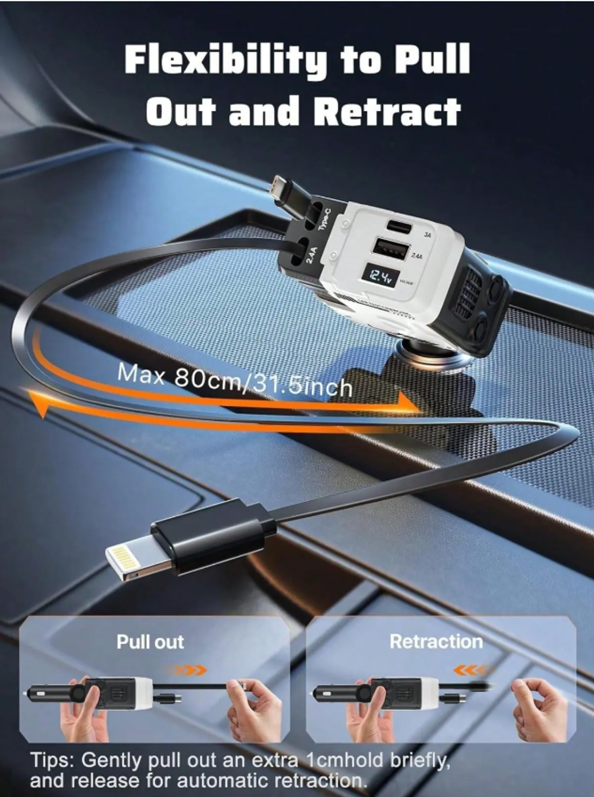 4 In 1 Retractable Car Fast Charger In Mech-Style 66W Charger Car Charger With Retractable Cable And Multi-Port USB C (WHT)