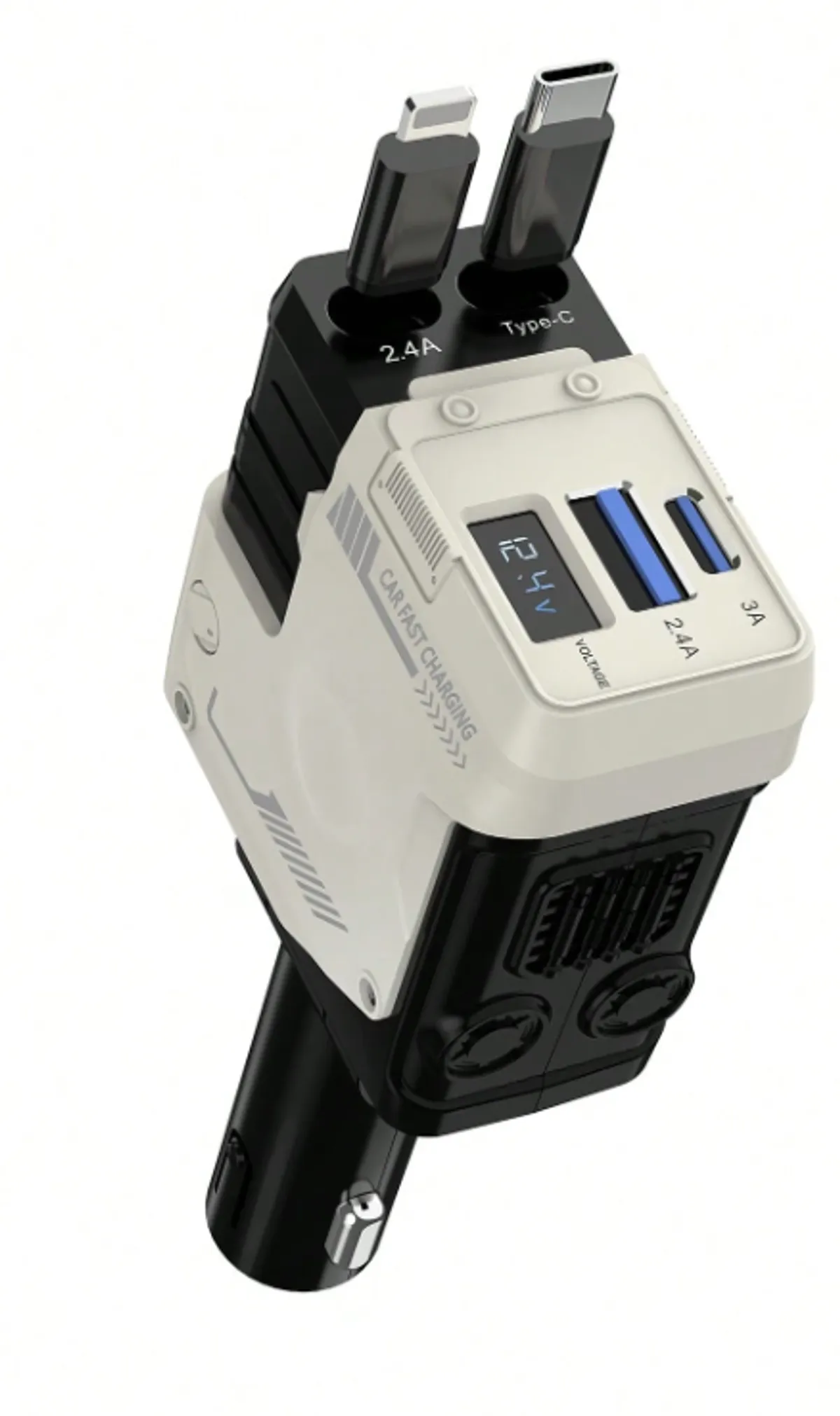 4 In 1 Retractable Car Fast Charger In Mech-Style 66W Charger Car Charger With Retractable Cable And Multi-Port USB C (WHT)