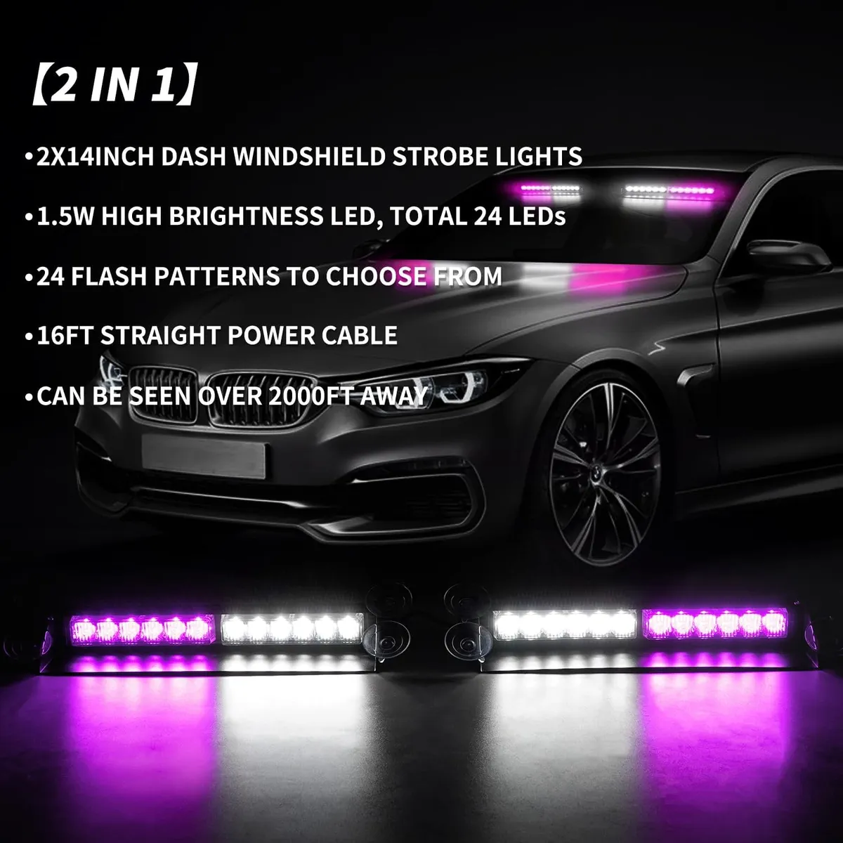 2x14 inch 24LED Dash Emergency Strobe Lights Interior Front/Rear Windshield Deck Split Safety Warning Lights Hazard Light Bar for Car Truck Vehicles (Purple/White)  12-24v