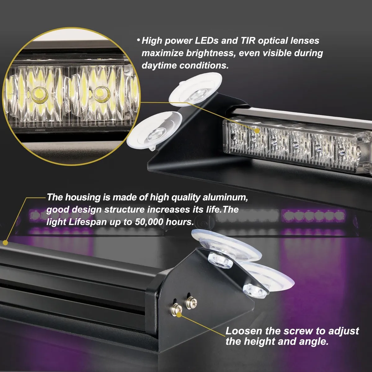 2x14 inch 24LED Dash Emergency Strobe Lights Interior Front/Rear Windshield Deck Split Safety Warning Lights Hazard Light Bar for Car Truck Vehicles (Purple/White)  12-24v