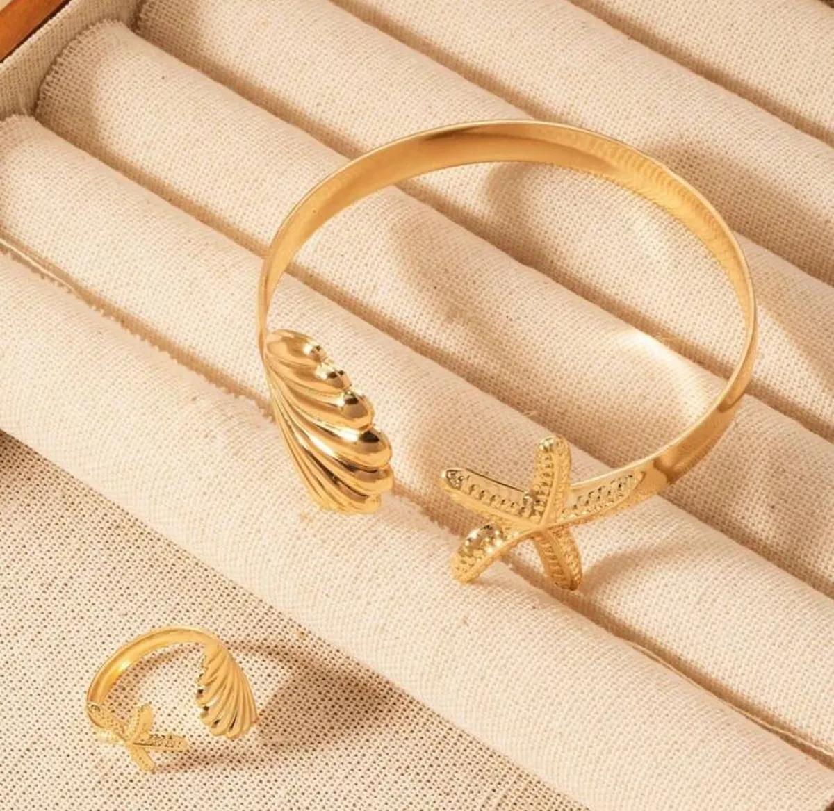 1 Set Fashionable Minimalist Ocean Style Starfish & Shell Adjustable Bracelet & Ring Jewelry Set