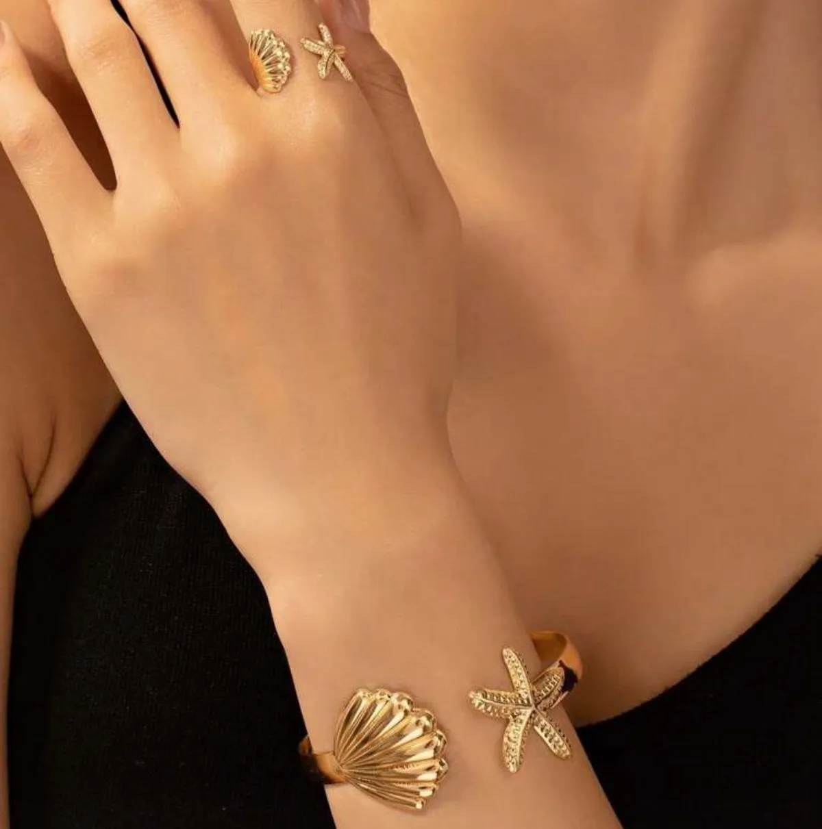 1 Set Fashionable Minimalist Ocean Style Starfish & Shell Adjustable Bracelet & Ring Jewelry Set