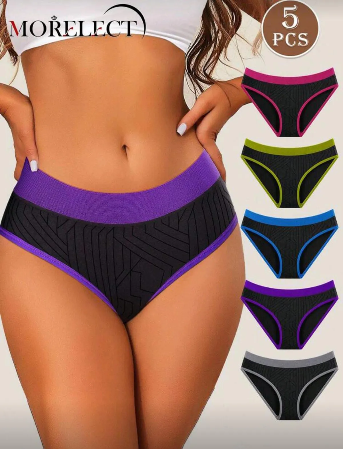 Morelect 5pcs Women's Low Waist Panties, Contrast Color, Comfortable, Soft, Sexy