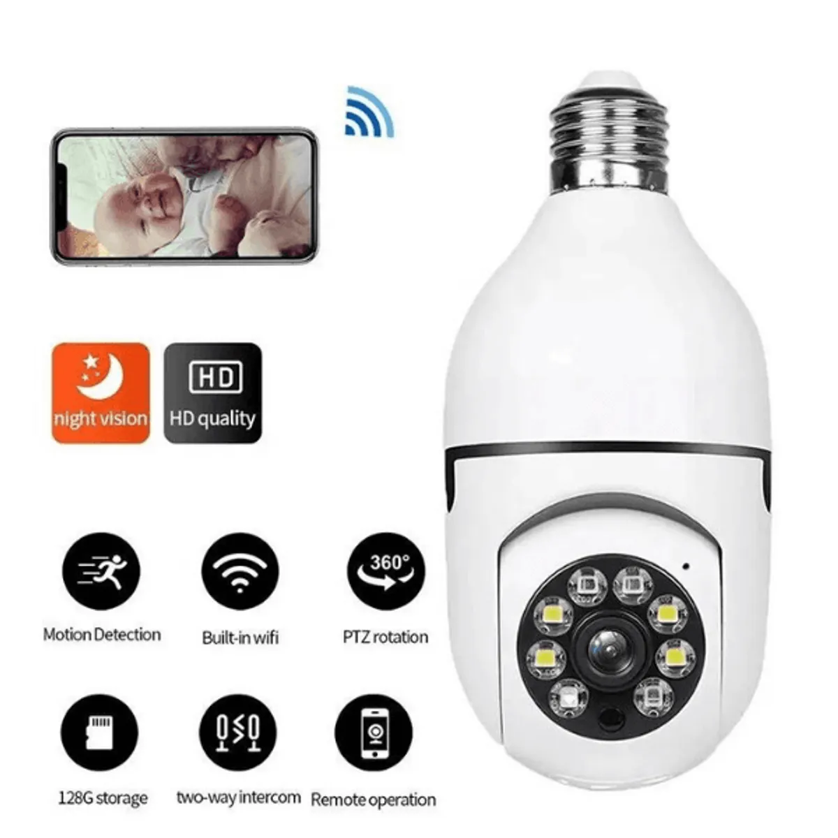 Smart PTZ Camera Bulb, 2MP Smart WiFi Light Bulb Security Camera, 360° Panoramic View, Two-Way Audio, Motion Detection, Night Vision, and Mobile App Control