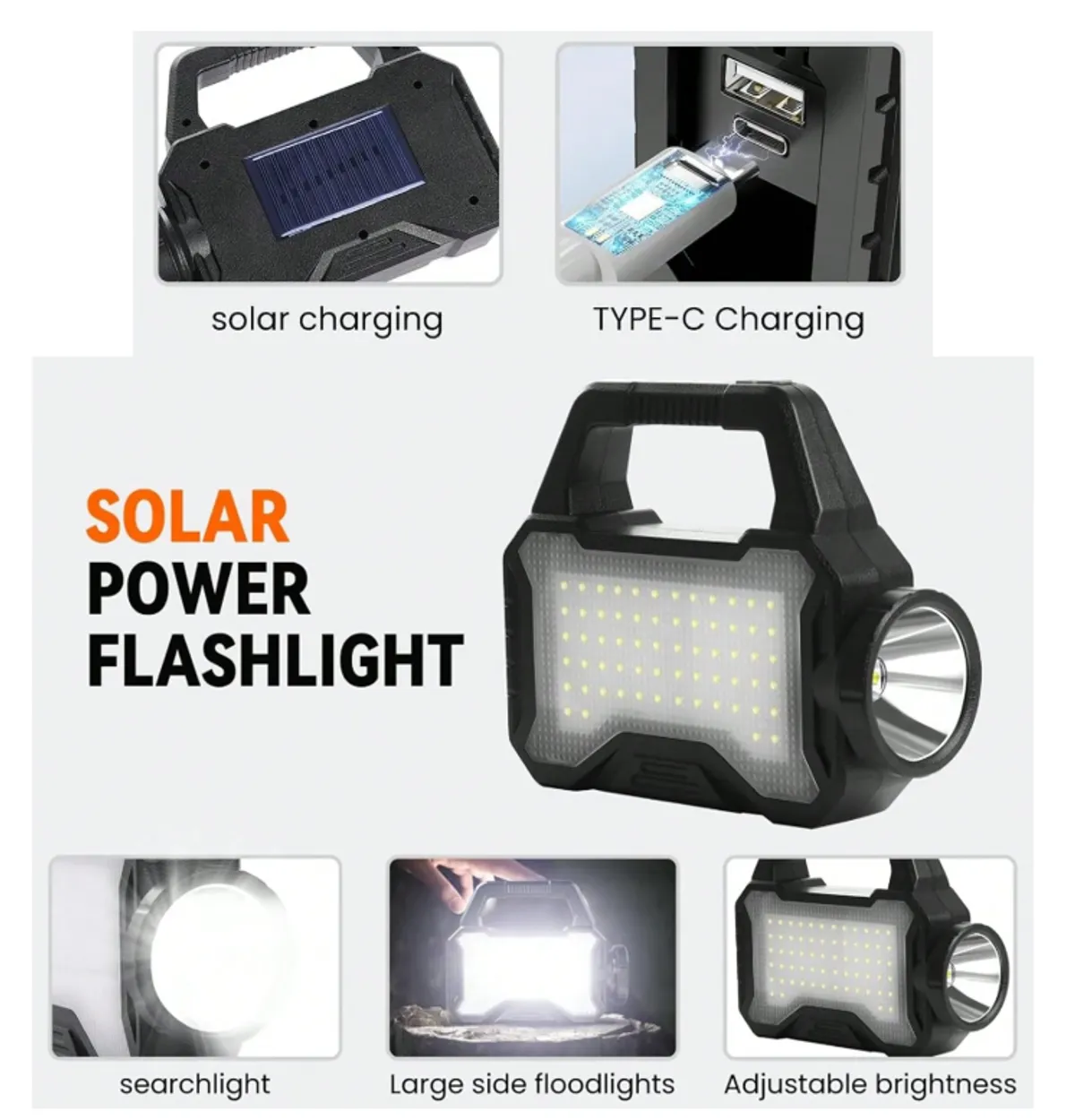 Multifunctional Solar Flashlight, w/USB Charging